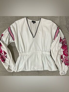 Topshop White Peplum Blouse with Black Trim and Pink Sleeve Detail